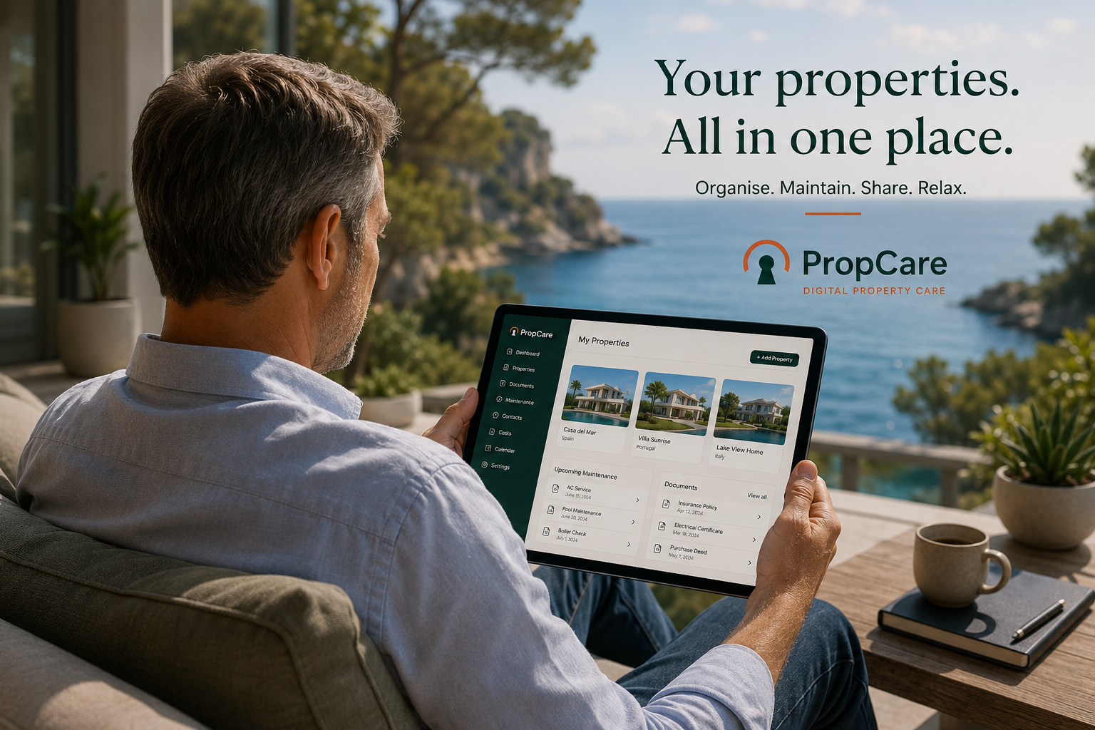 Property owner using PropCare on a tablet overlooking the sea