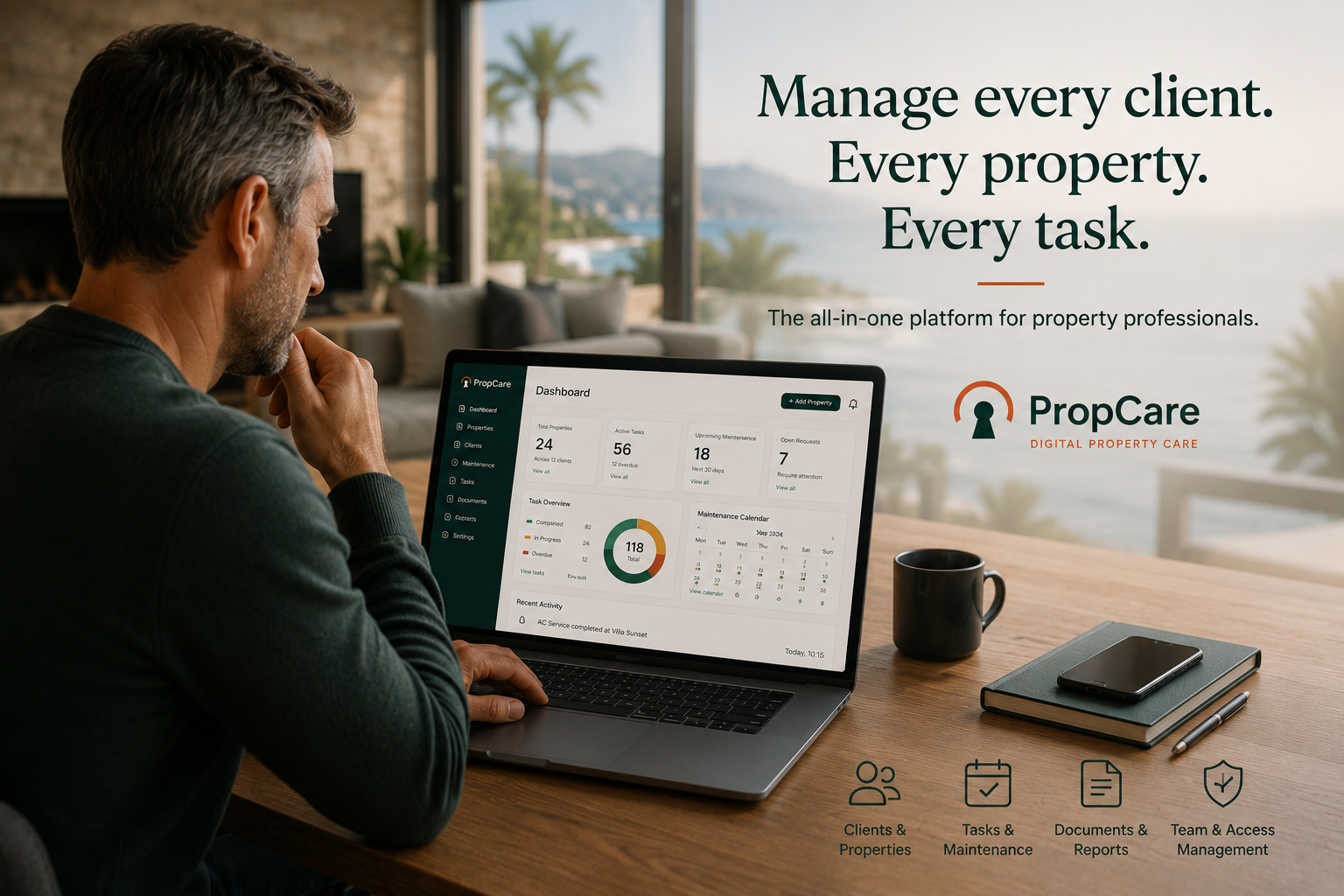 Property professional using the PropCare dashboard for clients, tasks and properties